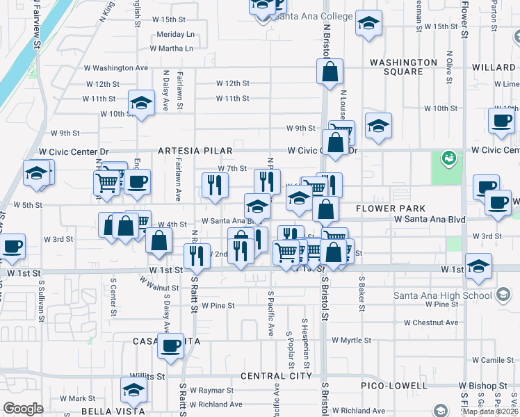 map of restaurants, bars, coffee shops, grocery stores, and more near 1512 West 5th Street in Santa Ana