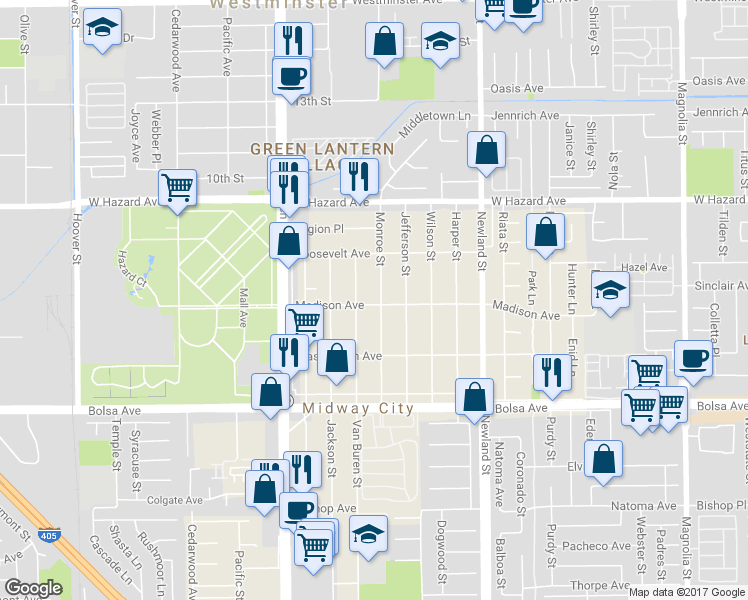 map of restaurants, bars, coffee shops, grocery stores, and more near 14731 Monroe Street in Midway City