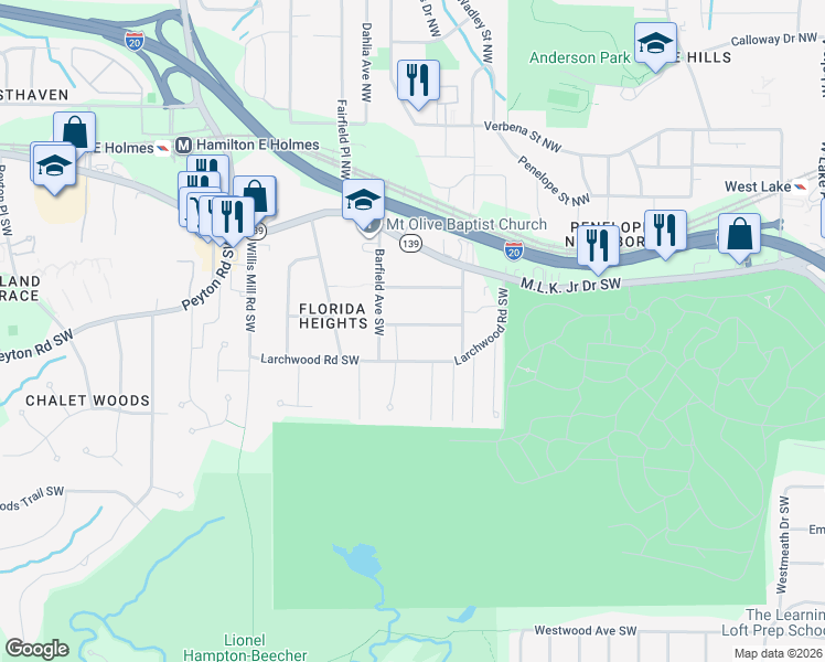 map of restaurants, bars, coffee shops, grocery stores, and more near 2210 Wingate Street Southwest in Atlanta