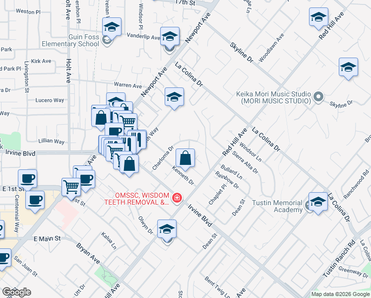 map of restaurants, bars, coffee shops, grocery stores, and more near 12771 Woodlawn Avenue in Tustin