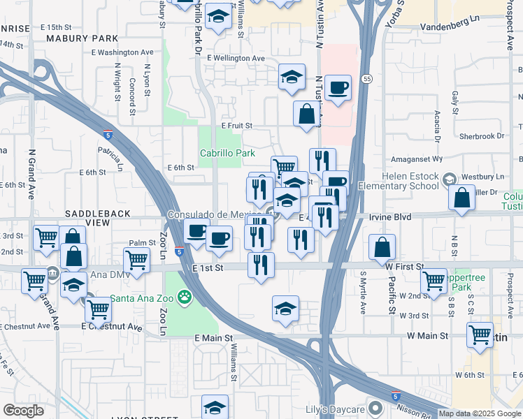 map of restaurants, bars, coffee shops, grocery stores, and more near 5 North Golden Circle Drive in Santa Ana