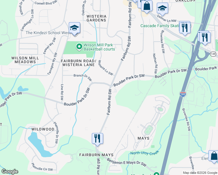 map of restaurants, bars, coffee shops, grocery stores, and more near 3680 Boulder Park Drive Southwest in Atlanta