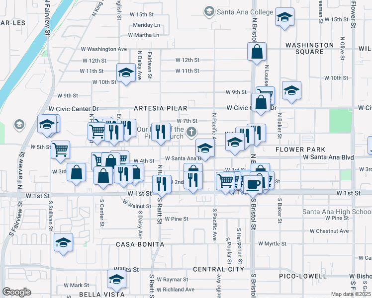 map of restaurants, bars, coffee shops, grocery stores, and more near 1630 West 5th Street in Santa Ana