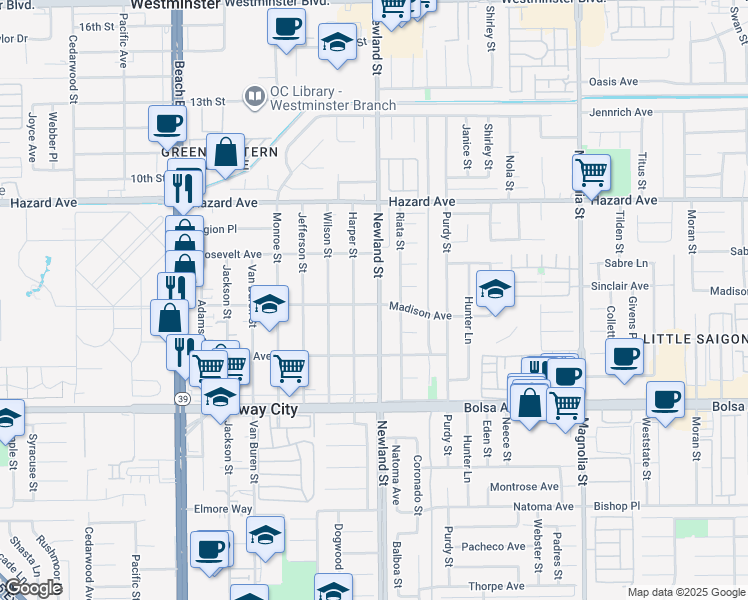 map of restaurants, bars, coffee shops, grocery stores, and more near 14731 Newland Street in Midway City