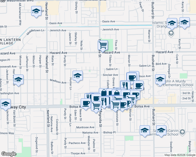map of restaurants, bars, coffee shops, grocery stores, and more near 14692 Acacia Street in Westminster