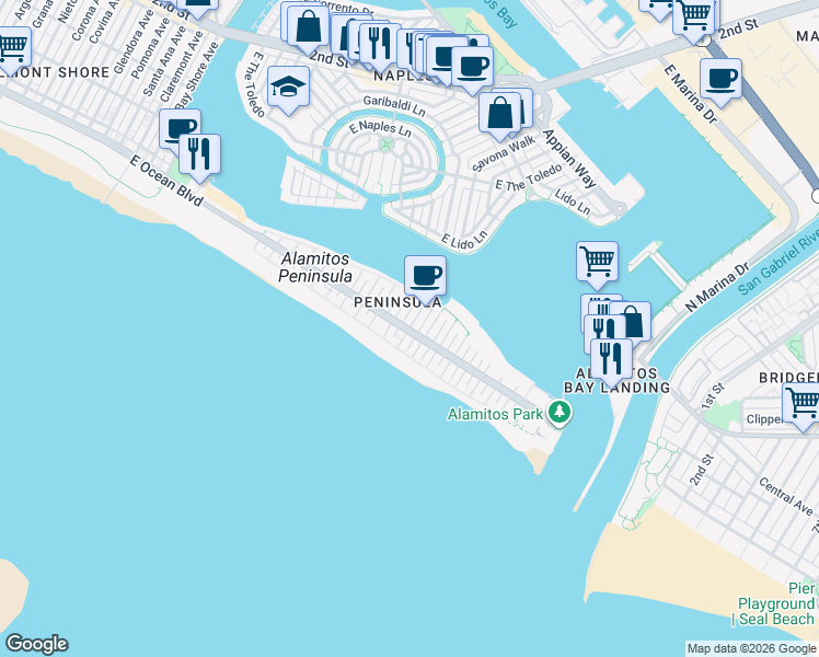 map of restaurants, bars, coffee shops, grocery stores, and more near East Ocean Boulevard & 62nd Place in Long Beach