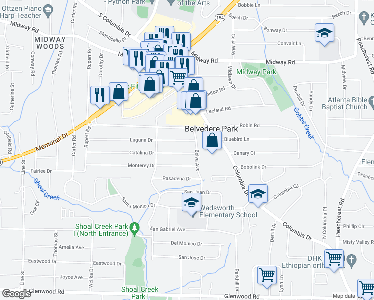 map of restaurants, bars, coffee shops, grocery stores, and more near 3024 Catalina Drive in Decatur