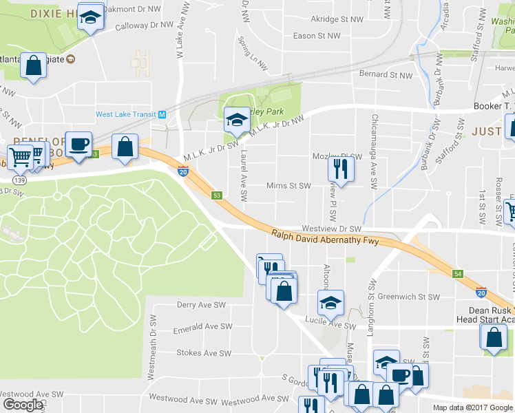 map of restaurants, bars, coffee shops, grocery stores, and more near 1586 Elixir Avenue Southwest in Atlanta