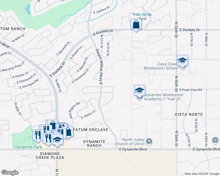 map of restaurants, bars, coffee shops, grocery stores, and more near 5121 East Peak View Road in Cave Creek
