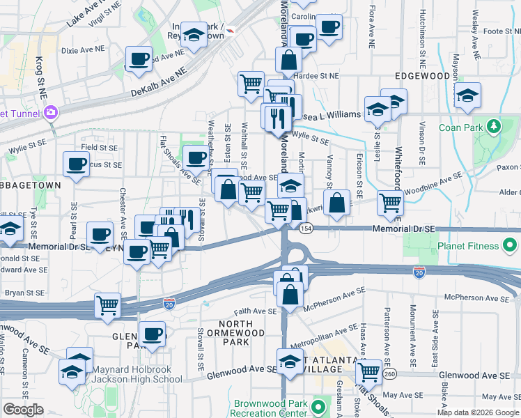 map of restaurants, bars, coffee shops, grocery stores, and more near 187 Cleveland Street Southeast in Atlanta