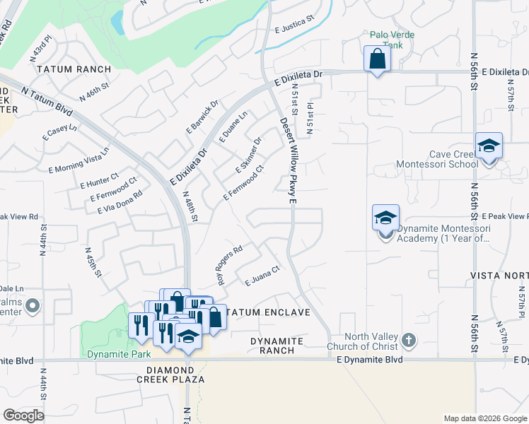 map of restaurants, bars, coffee shops, grocery stores, and more near 5029 East Peak View Road in Cave Creek