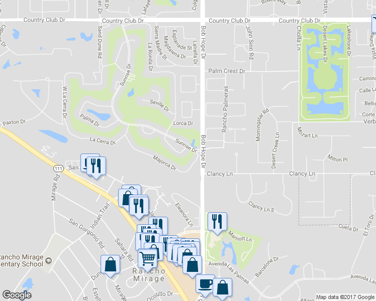 map of restaurants, bars, coffee shops, grocery stores, and more near 28 Malaga Drive in Rancho Mirage