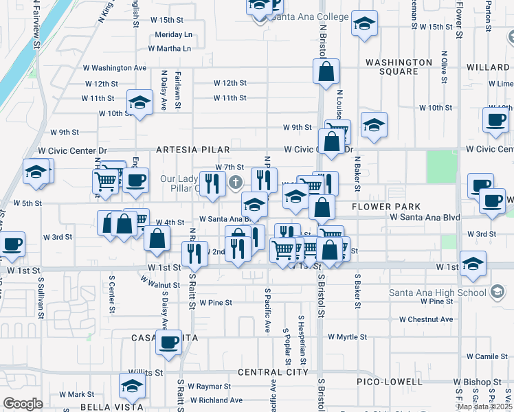 map of restaurants, bars, coffee shops, grocery stores, and more near 1524 West 5th Street in Santa Ana