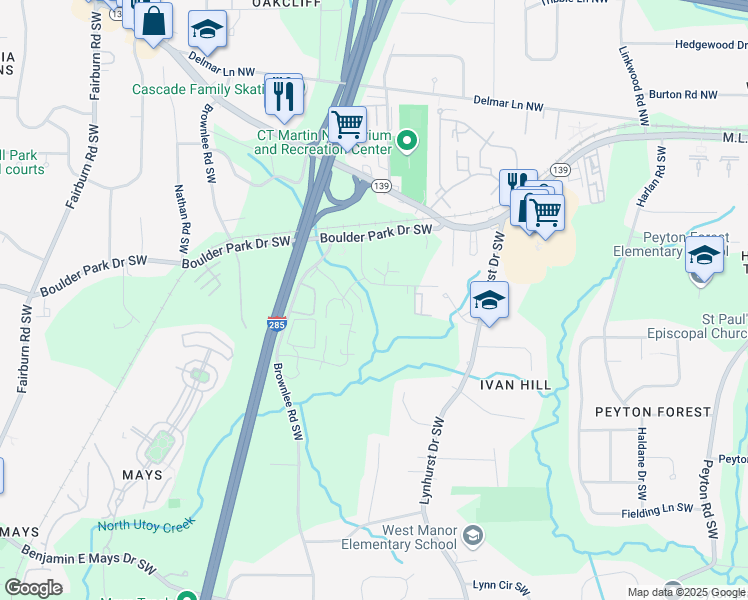 map of restaurants, bars, coffee shops, grocery stores, and more near 3230 Cushman Circle Southwest in Atlanta