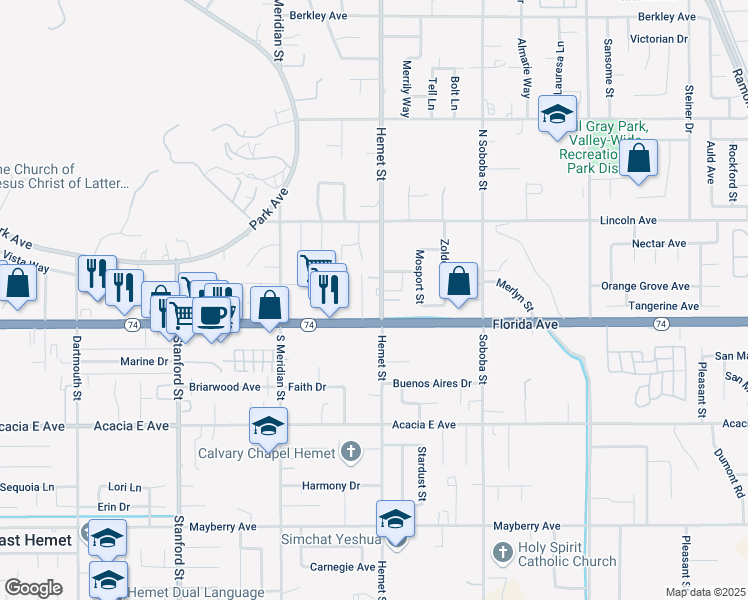 map of restaurants, bars, coffee shops, grocery stores, and more near 161 North Hemet Street in Hemet