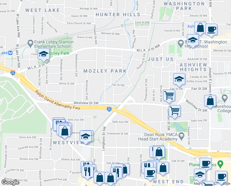 map of restaurants, bars, coffee shops, grocery stores, and more near Hopkins St SW in Atlanta