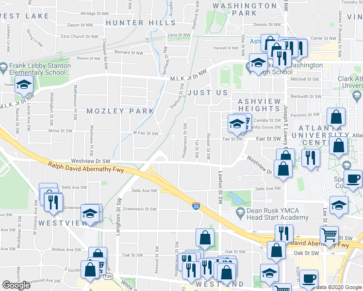 map of restaurants, bars, coffee shops, grocery stores, and more near 225 Holderness Street Southwest in Atlanta