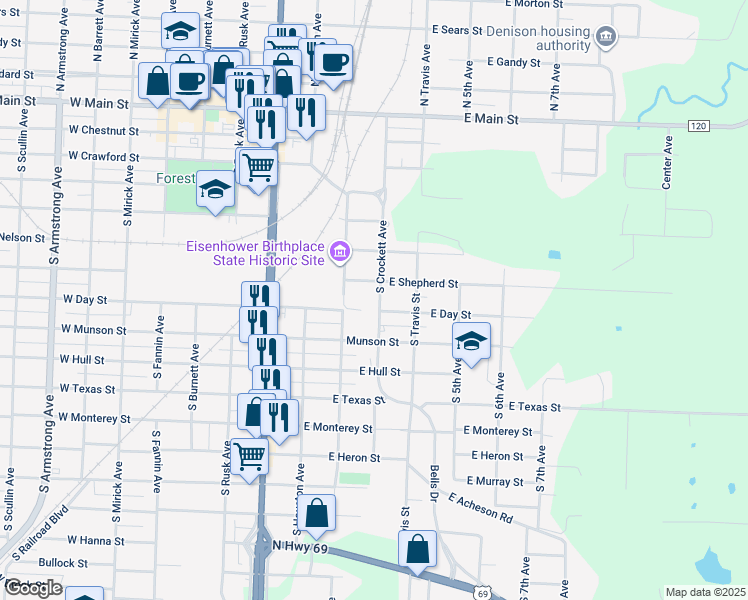 map of restaurants, bars, coffee shops, grocery stores, and more near 721 South Crockett Avenue in Denison