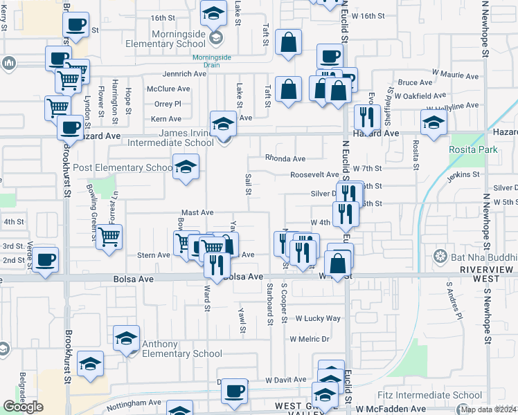 map of restaurants, bars, coffee shops, grocery stores, and more near 10681 Mast Avenue in Garden Grove