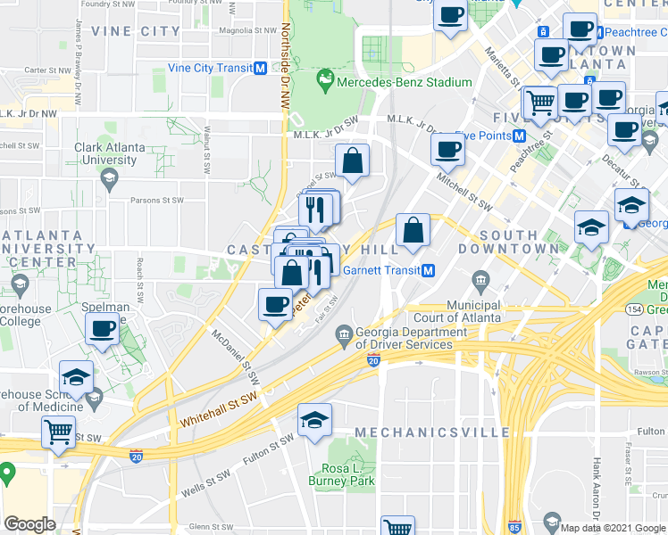 map of restaurants, bars, coffee shops, grocery stores, and more near Peters Street Southwest & Castleberry St SW in Atlanta