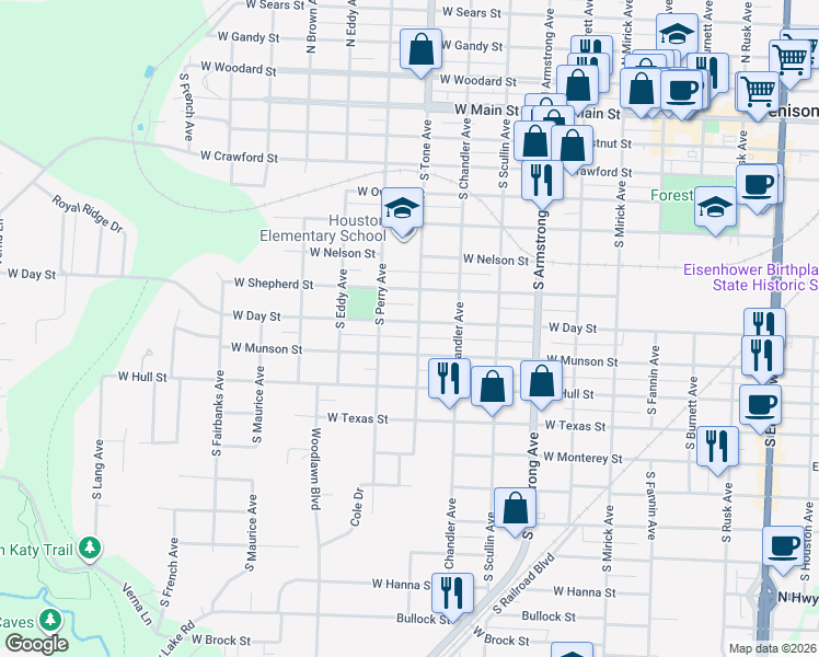 map of restaurants, bars, coffee shops, grocery stores, and more near 1124 West Day Street in Denison