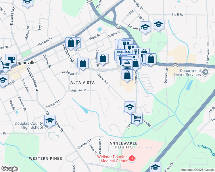 map of restaurants, bars, coffee shops, grocery stores, and more near 8503 Westchester Drive in Douglasville