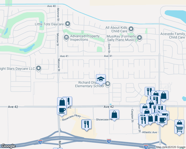 map of restaurants, bars, coffee shops, grocery stores, and more near 41368 Farmer Court in Indio