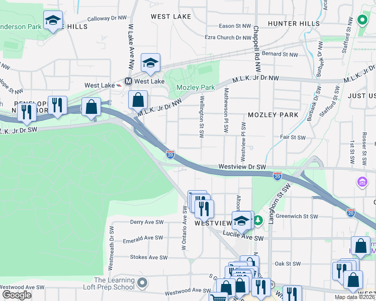 map of restaurants, bars, coffee shops, grocery stores, and more near 1586 Elixir Avenue Southwest in Atlanta