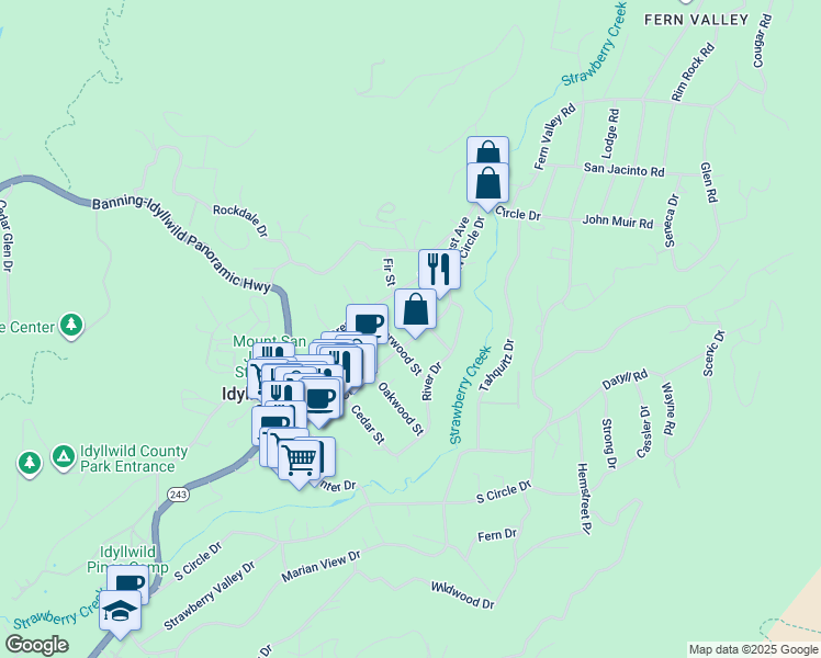 map of restaurants, bars, coffee shops, grocery stores, and more near 54590 North Circle Drive in Idyllwild-Pine Cove