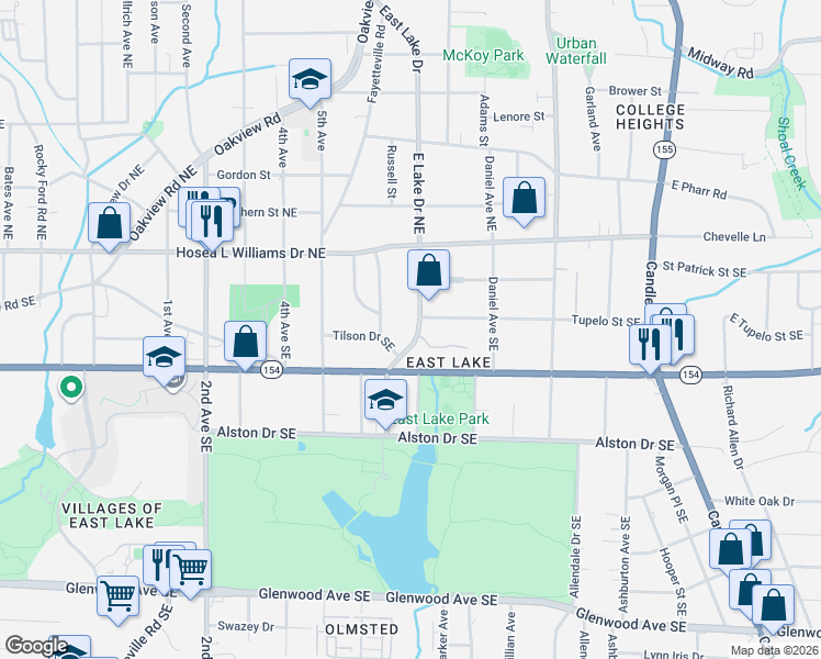 map of restaurants, bars, coffee shops, grocery stores, and more near 145 East Lake Drive Southeast in Atlanta