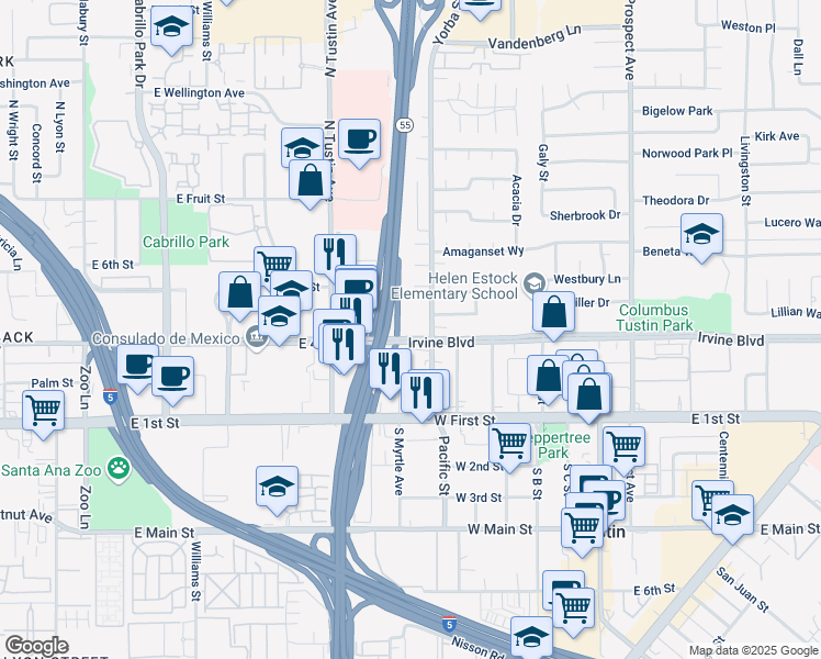 map of restaurants, bars, coffee shops, grocery stores, and more near 11611 Irvine Boulevard in Tustin