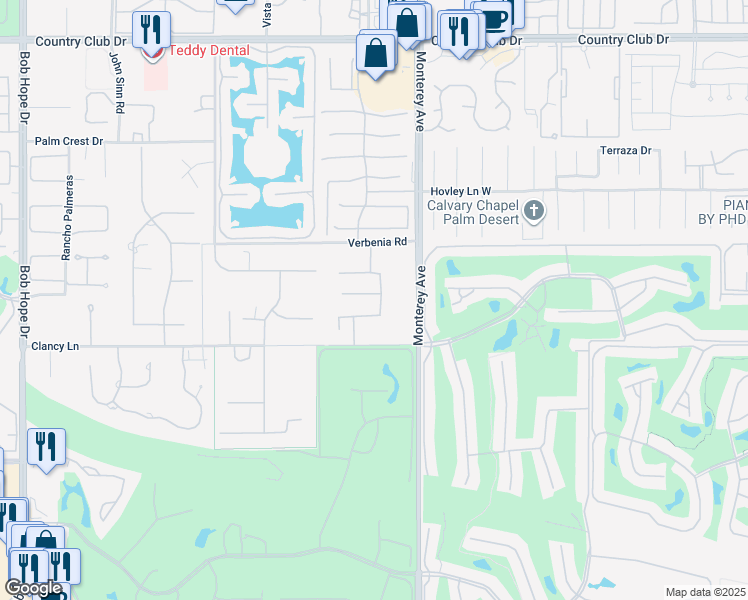 map of restaurants, bars, coffee shops, grocery stores, and more near 17 Emerald Court in Rancho Mirage