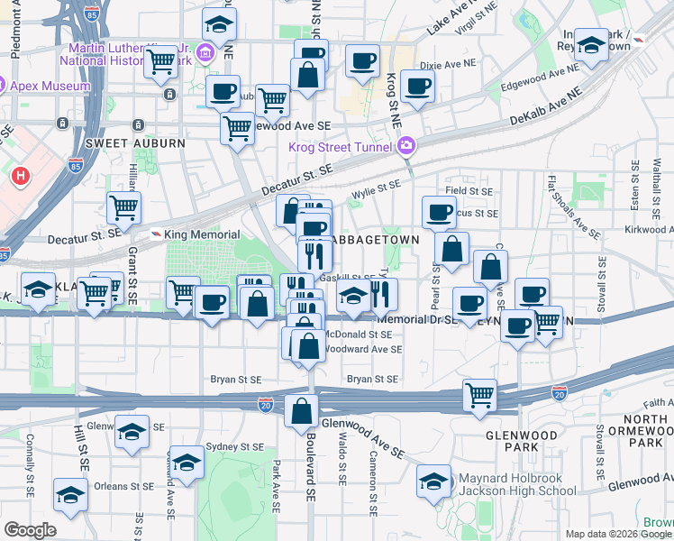 map of restaurants, bars, coffee shops, grocery stores, and more near 217 Berean Avenue Southeast in Atlanta