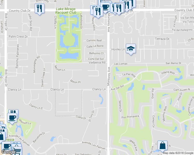 map of restaurants, bars, coffee shops, grocery stores, and more near 17 Emerald Court in Rancho Mirage