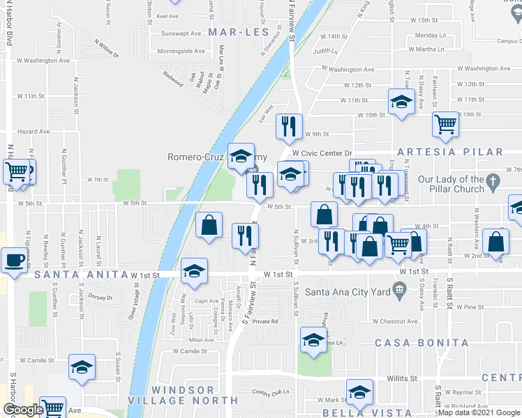 map of restaurants, bars, coffee shops, grocery stores, and more near 419 N Fairview St in Santa Ana