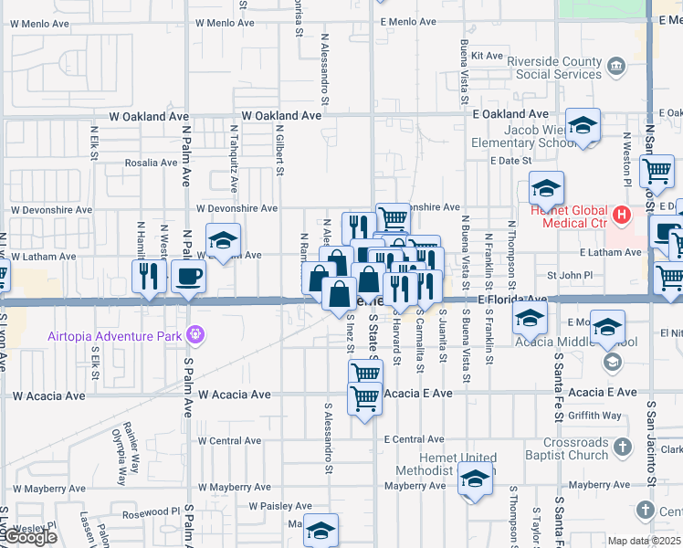 map of restaurants, bars, coffee shops, grocery stores, and more near 139 North Inez Street in Hemet
