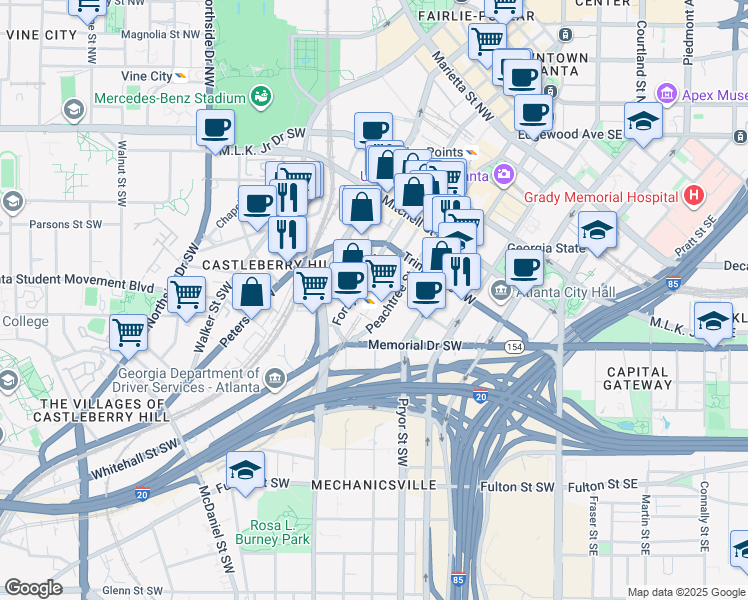 map of restaurants, bars, coffee shops, grocery stores, and more near 223 Garnett Street Southwest in Atlanta