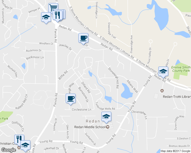 map of restaurants, bars, coffee shops, grocery stores, and more near 1457 Saint Dunstans Road in Lithonia
