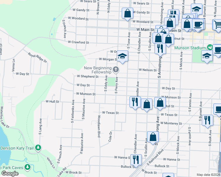 map of restaurants, bars, coffee shops, grocery stores, and more near 1218 West Day Street in Denison