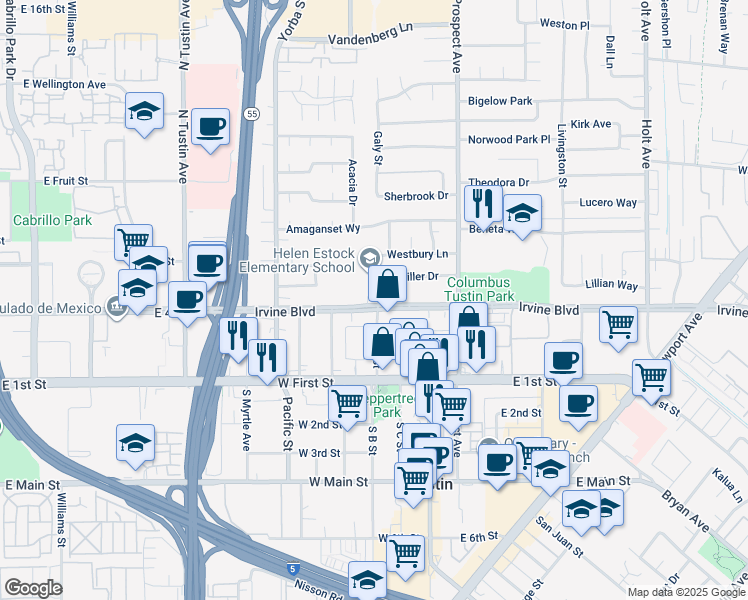 map of restaurants, bars, coffee shops, grocery stores, and more near 17501 Irvine Blvd in Tustin