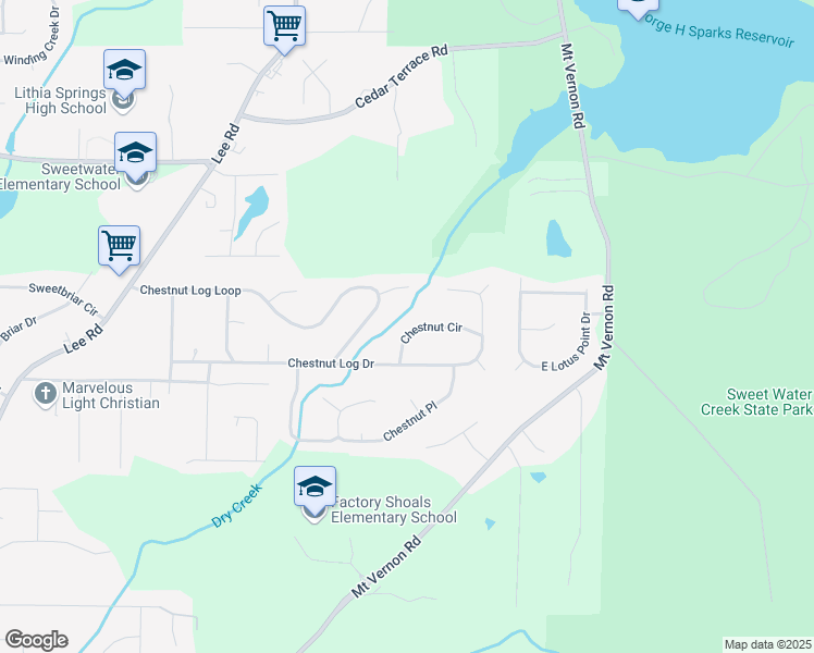 map of restaurants, bars, coffee shops, grocery stores, and more near 2160 Chestnut Circle in Lithia Springs