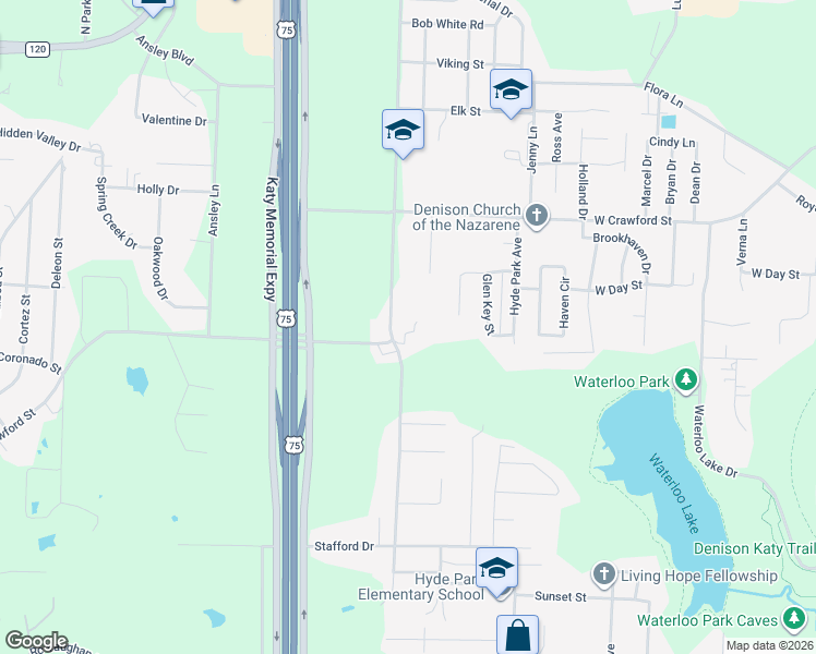 map of restaurants, bars, coffee shops, grocery stores, and more near 10 Village Green Court in Denison