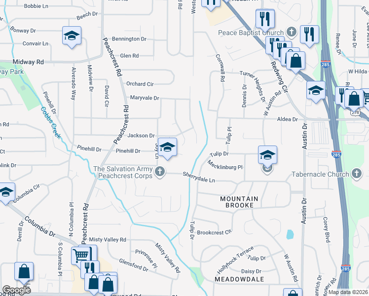 map of restaurants, bars, coffee shops, grocery stores, and more near 1506 Meadowlark Drive in Decatur