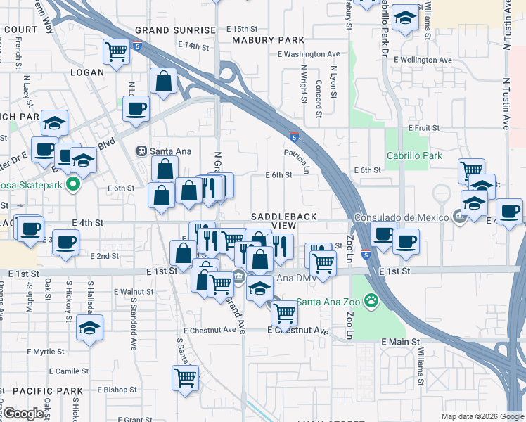 map of restaurants, bars, coffee shops, grocery stores, and more near 412 North Linwood Avenue in Santa Ana