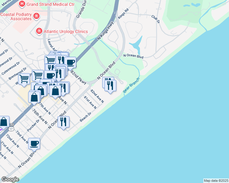 map of restaurants, bars, coffee shops, grocery stores, and more near 8550 Costa Verde Drive in Myrtle Beach