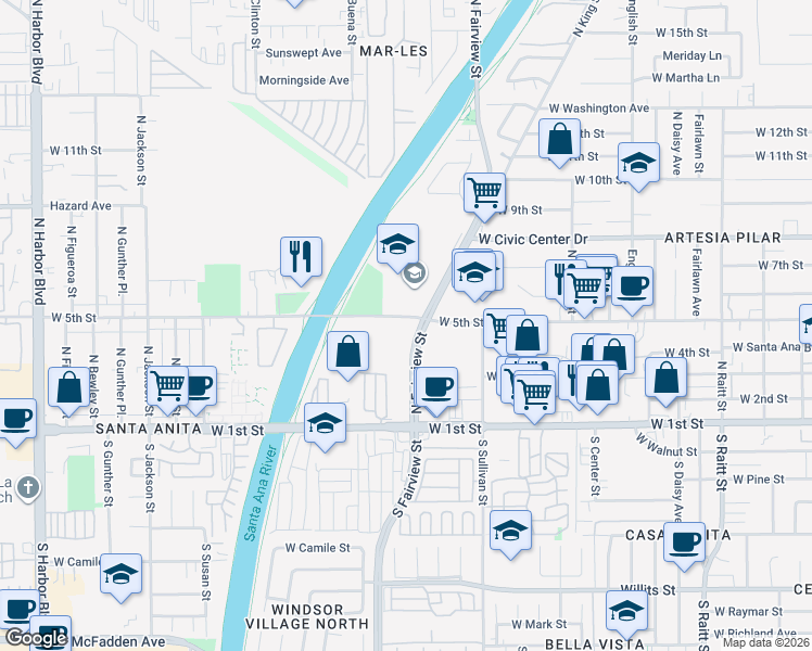 map of restaurants, bars, coffee shops, grocery stores, and more near 2722 West 5th Street in Santa Ana