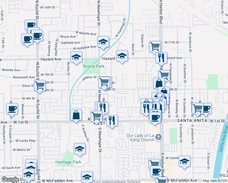 map of restaurants, bars, coffee shops, grocery stores, and more near 4314 West 5th Street in Santa Ana
