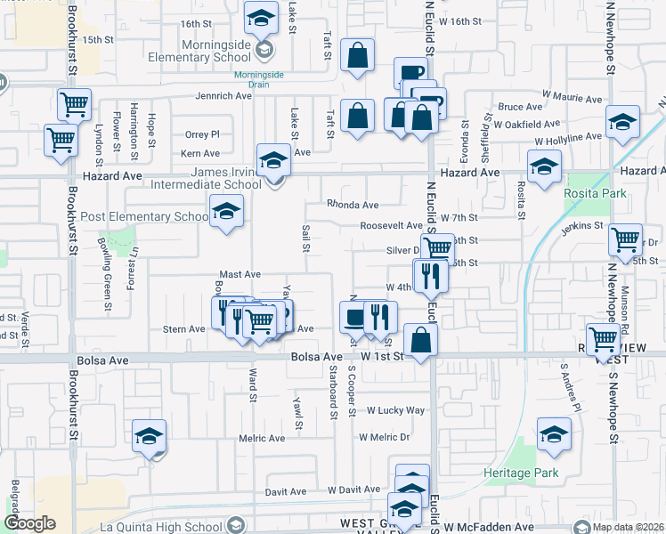 map of restaurants, bars, coffee shops, grocery stores, and more near 10731 Mast Avenue in Garden Grove