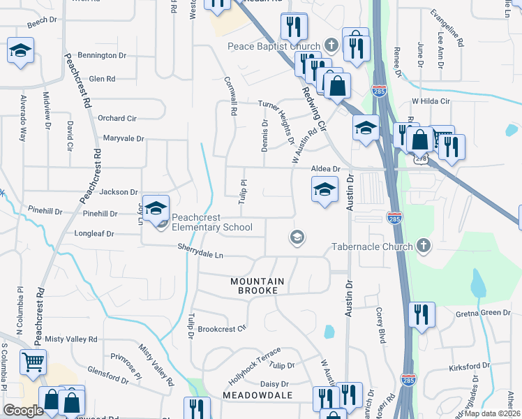 map of restaurants, bars, coffee shops, grocery stores, and more near 3245 Tulip Drive in Decatur