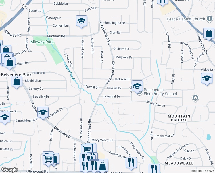 map of restaurants, bars, coffee shops, grocery stores, and more near 1514 Peachcrest Road in Decatur